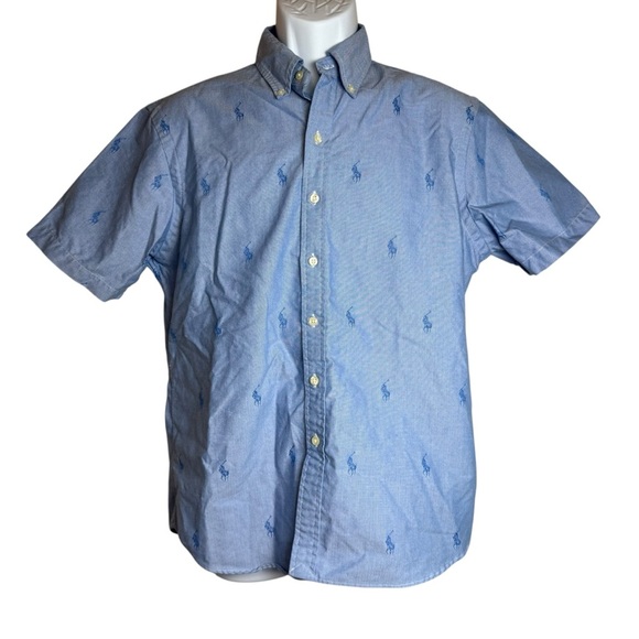 Ralph Lauren Men’s Blue Button Down All Over Pony Short Sleeve Medium Preppy EUC - Picture 1 of 7